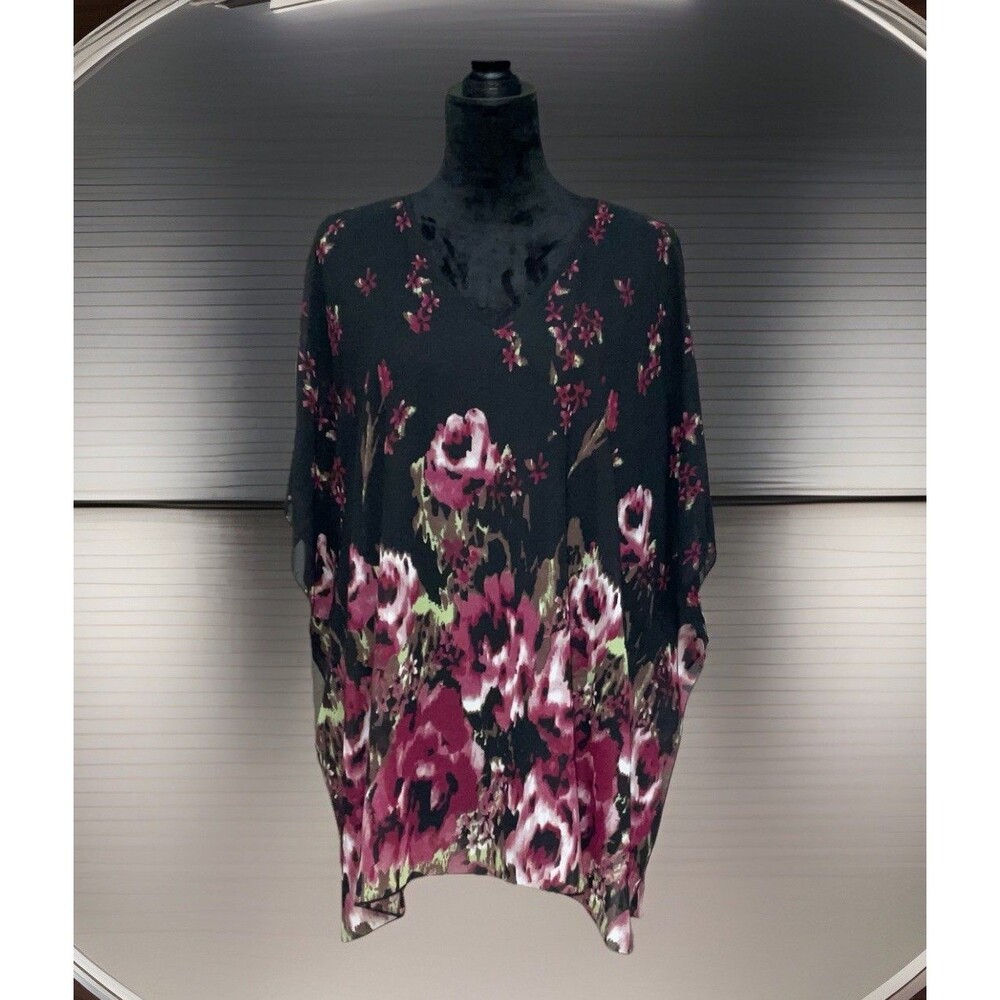 Lotussmile Women Black With Sheer Floral Tunic Size XXXL